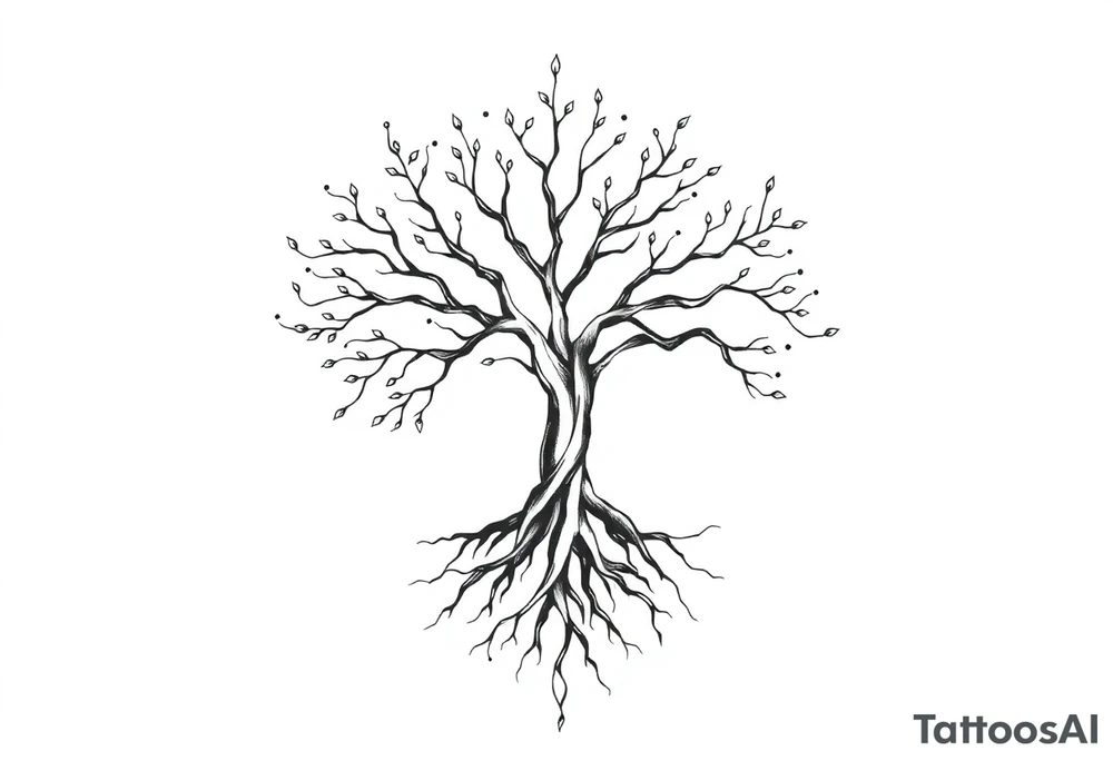 mystical tree of life with cosmic roots and celestial branches tattoo idea