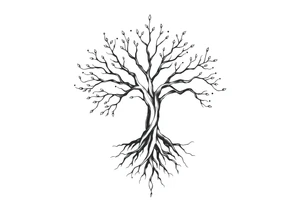 mystical tree of life with cosmic roots and celestial branches tattoo idea