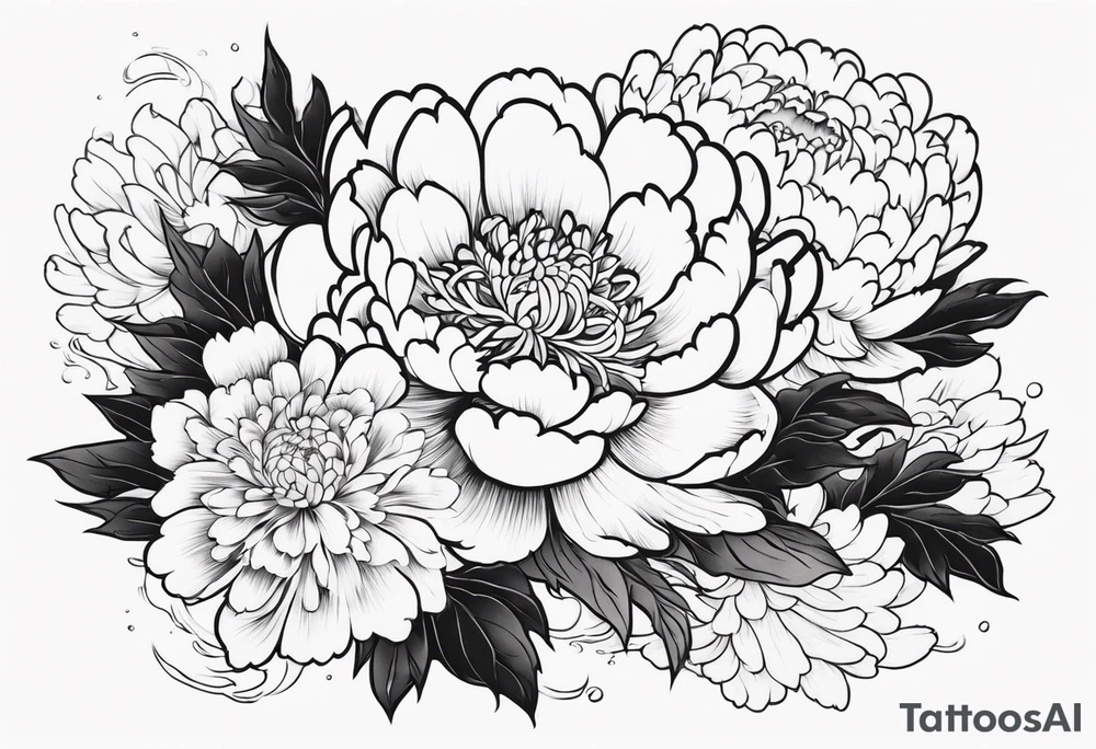 Full sleeve japanese peonies and chrysanthemum in water tattoo idea