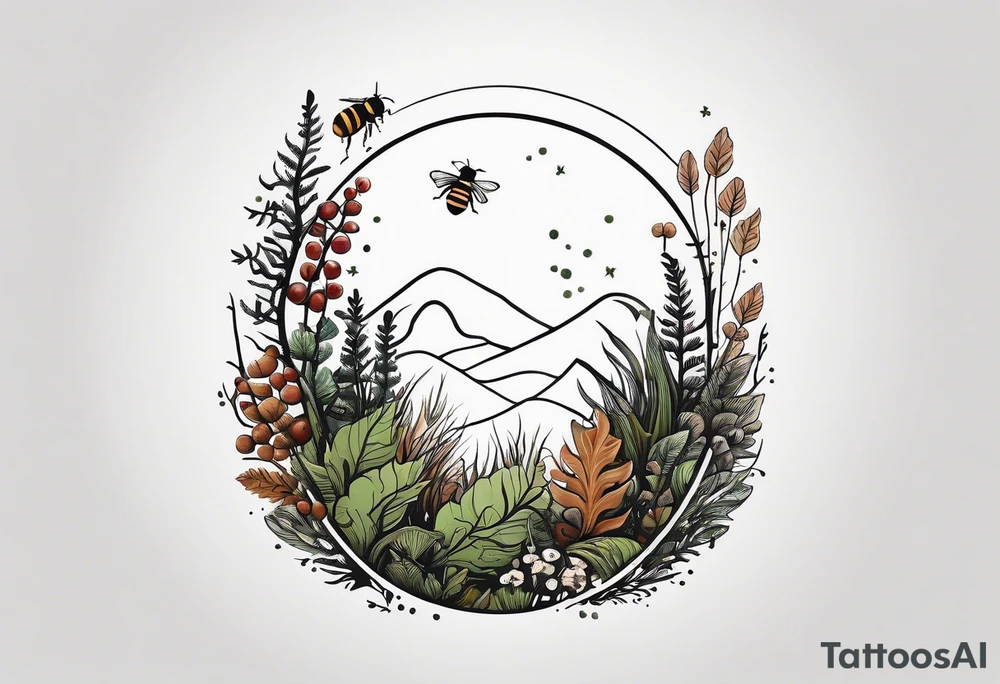 forest floor inspired minimalist tattoo, which includes grass, curly ferns, moss and dead leaves as the bulk of the tattoo. details to include: forest berries, a tiny bumblebee flying nearby, three small brown mushrooms
Generate a vertically long one tattoo idea