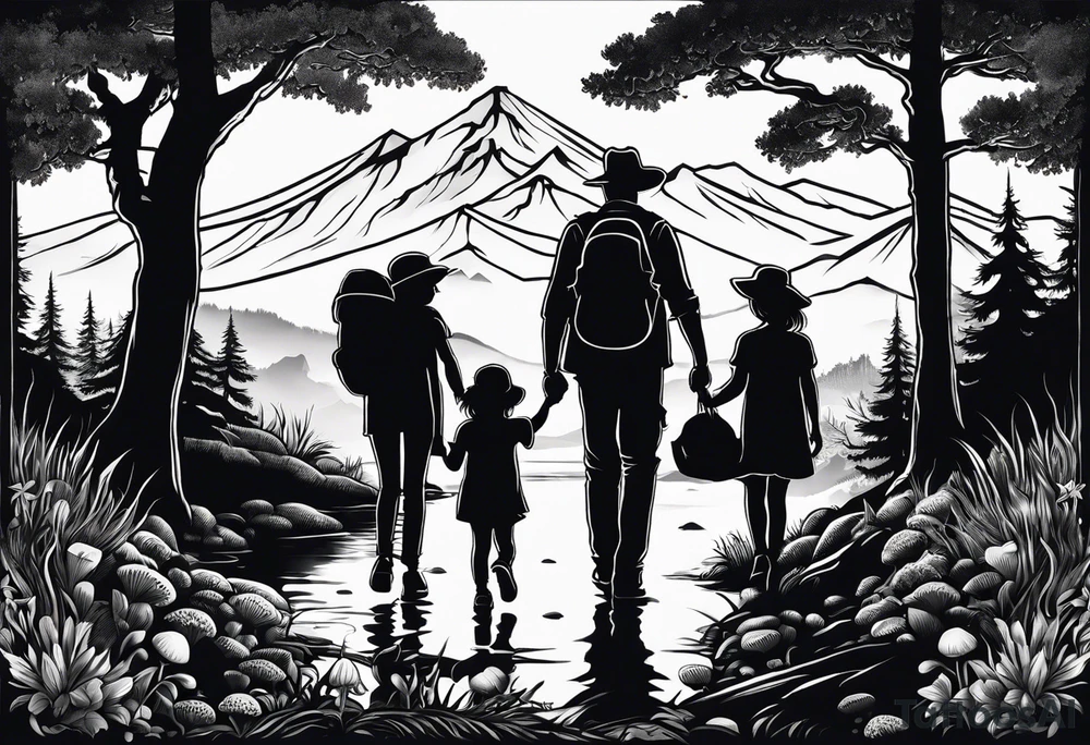 Family silhouette with a father, a mother, older son, older daughter, and small daughter foraging mushrooms with mountains and creek in background tattoo idea