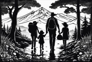 Family silhouette with a father, a mother, older son, older daughter, and small daughter foraging mushrooms with mountains and creek in background tattoo idea