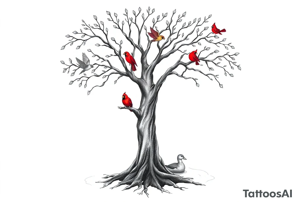 Tree of life with five birds flying out of the tree and  two red cardinals sitting on the tree and a duck in a pond tattoo idea