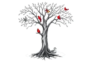 Tree of life with five birds flying out of the tree and  two red cardinals sitting on the tree and a duck in a pond tattoo idea