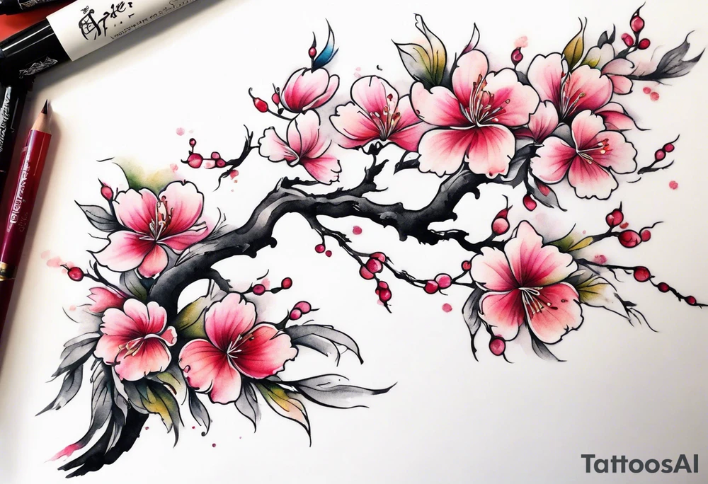 fleur de cerisier arbre de vie arabesque aquarelle plume tattoo idea