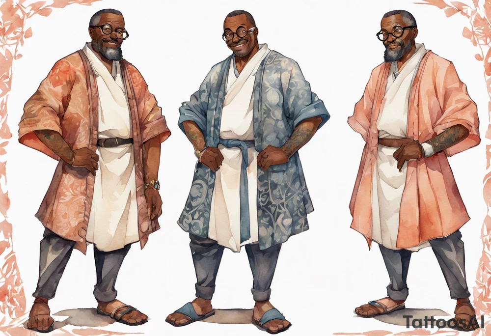 a middle-aged medieval black man wearing round glasses, wearing tunic, wearing salmon bracers tattoo idea