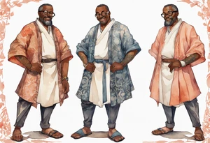 a middle-aged medieval black man wearing round glasses, wearing tunic, wearing salmon bracers tattoo idea