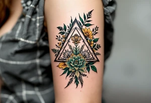 A black triangle filled with botanical linework in green and gold, combining geometry with growth located on the back of the head tattoo idea