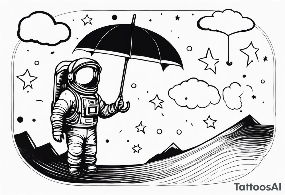 floating astronaut, with stars for eyes, holding an umbrella, with a blank speech bubble tattoo idea