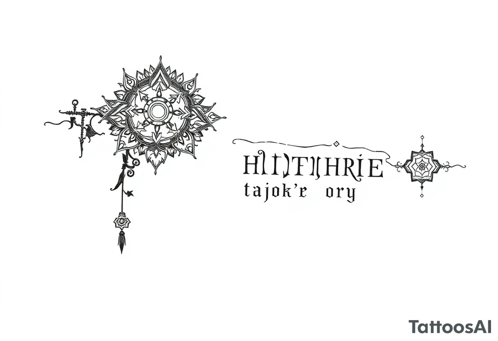 mystical long ornament tattoo with shaman and witch style and ancient rhyme letters outside tattoo idea