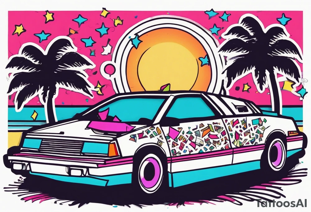 1980's miami vice style beach dance 
party, include confetti, music notes, boom box, bikinis sunset in the center tattoo idea