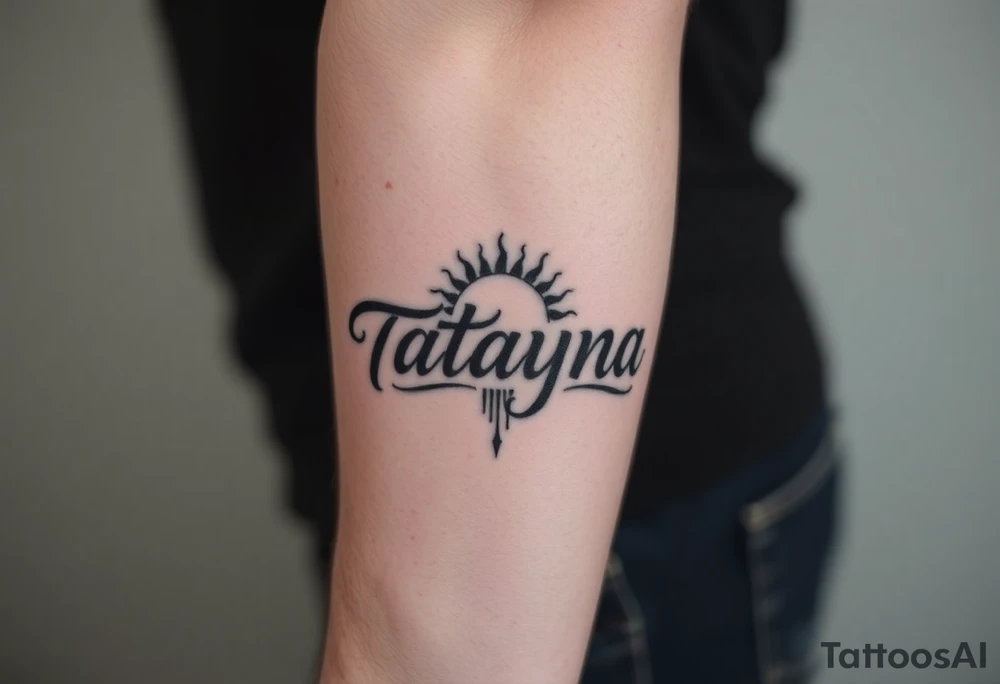 Forearm tattoo for a man using the name “Tatayana” Starting from the wrist, stretching to the elbow with the sun and moon Incorporated tattoo idea