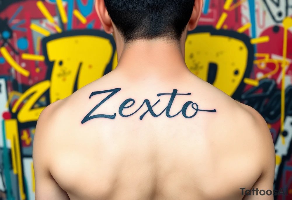 A bright colored graffiti style background with the name Zexto in script tattoo idea