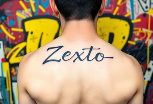 A bright colored graffiti style background with the name Zexto in script tattoo idea