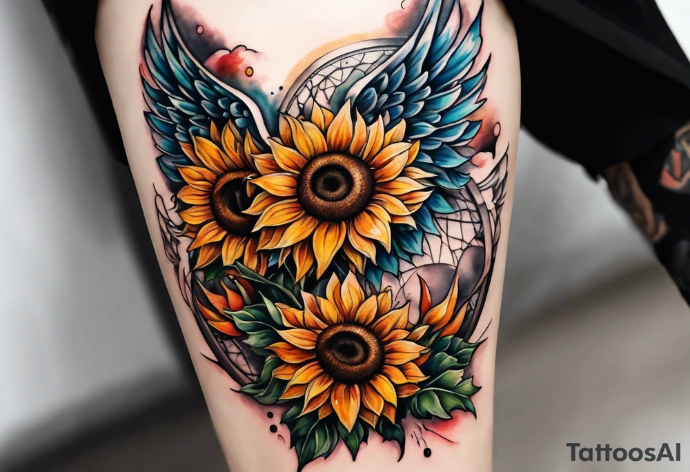 Sunflowers and angel wings leg sleeve tattoo idea