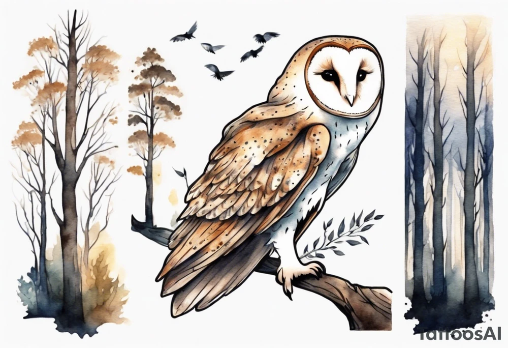 a tall creature with long legs and the head of a barn owl walking on a forest path at night tattoo idea