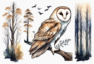 a tall creature with long legs and the head of a barn owl walking on a forest path at night tattoo idea