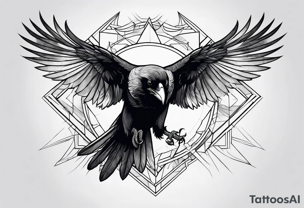 outline drawing of a flying raven with wings on fire tattoo idea