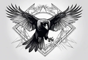 outline drawing of a flying raven with wings on fire tattoo idea