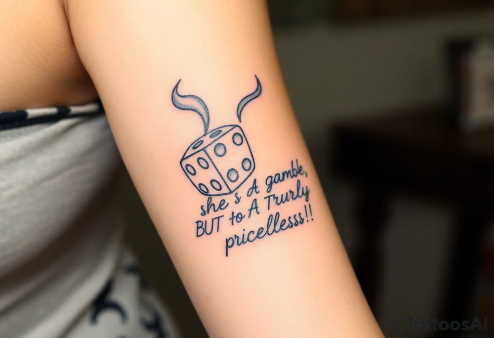 Smoking rolling dice with cursive writing "LALA SHE'S A Gamble BUT TRULY priceless!!! tattoo idea