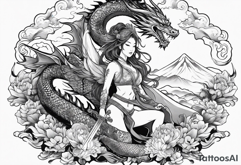 warrior beautiful fairy nymph with a full body with a sword and a full dragon with a mountain with clouds and a Japanese building background tattoo idea
