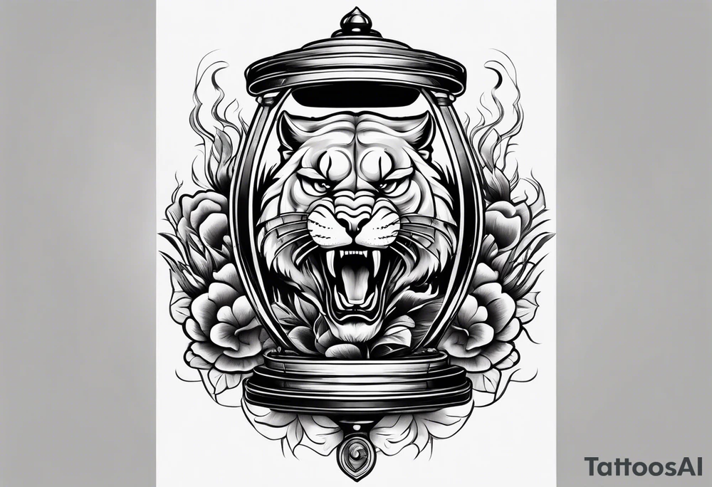 Brain and angry cougar inside hourglass tattoo idea