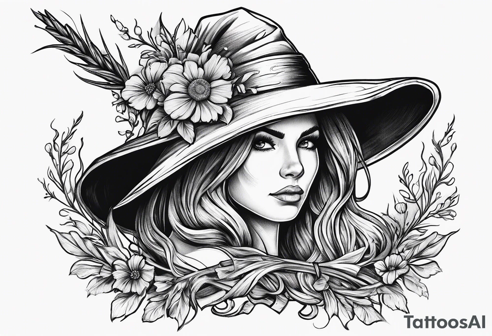 Witch broom with flowers in the straw tattoo idea