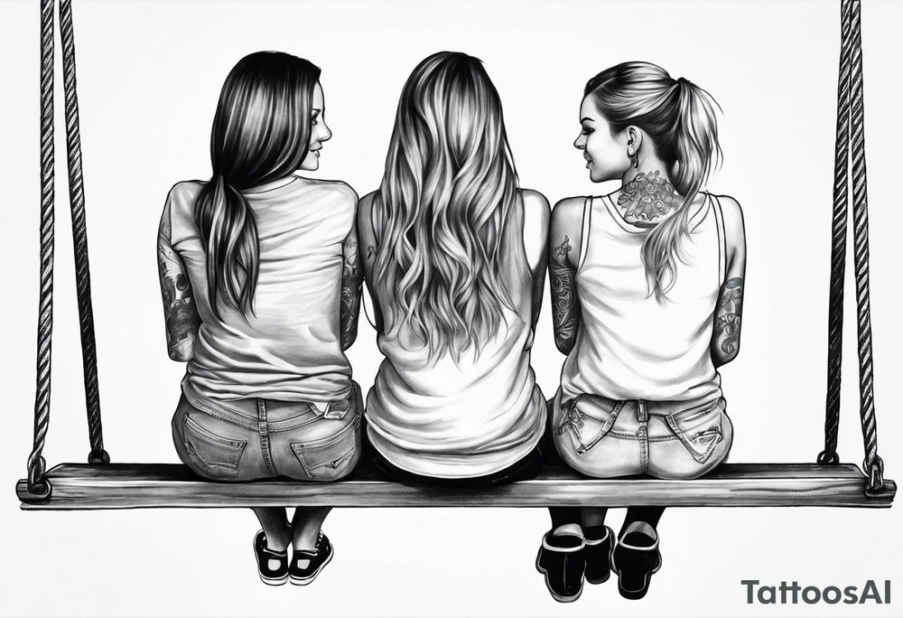 Create a realistic tattoo design of three girls sitting from behind on a swing. The first girl on the left is the oldest and has long hair. The second girl, sitting in the middle, is the middle child and has shorter hair. The third girl, sitting on the right, is the youngest and has two pigtails tattoo idea
