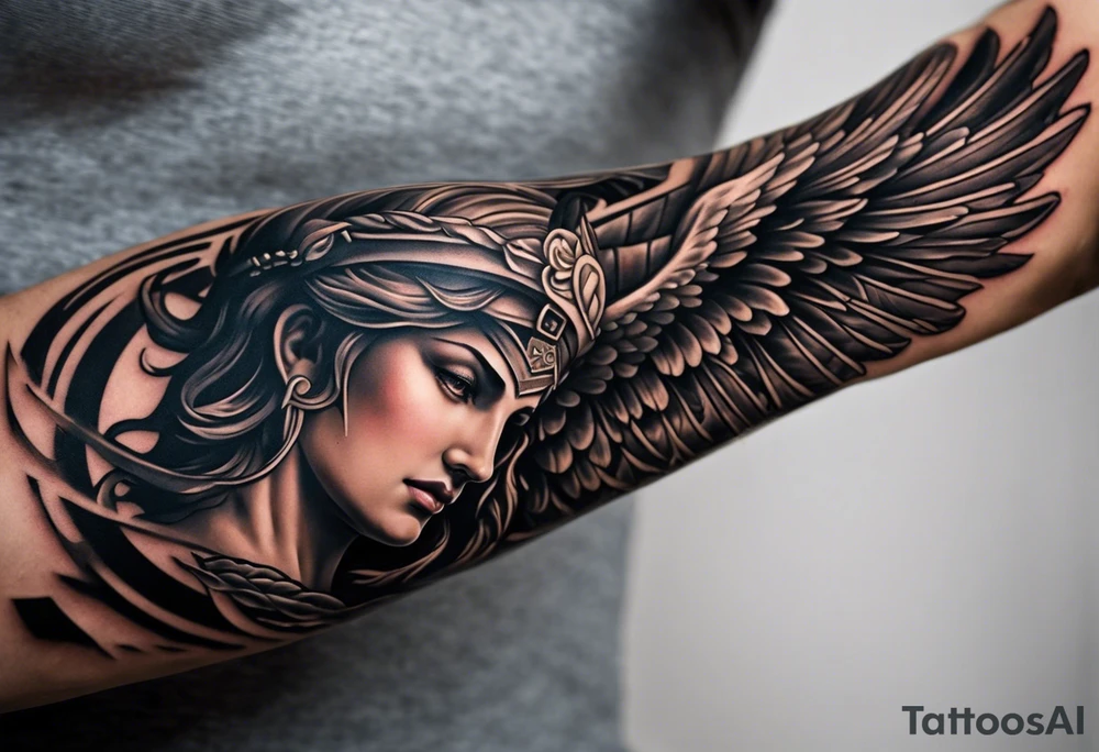 A full tattoo sleeve inspired by Greek mythology, featuring a powerful and masculine design. The sleeve includes a depiction of the Greek goddess Athena, portrayed with a strong and authoritative presence, symbolizing wisdom and strength. However, she is not the main focal point. The centerpiece is a dramatic image of a fallen angel, wings outstretched as it descends, symbolizing struggle and redemption. The design is bold, with sharp contrasts and clean lines, emphasizing the dynamic movement of the falling angel. Surrounding these figures, incorporate a mandala effect with geometric patterns that add a sense of order amidst the chaos. Additional elements such as an owl with fierce eyes, a warrior's helmet, and olive branches are woven throughout, adding depth and reinforcing the mythological theme. The overall aesthetic is intense and rugged, blending elements of power, wisdom, and fallen glory into a cohesive, masculine design. tattoo idea