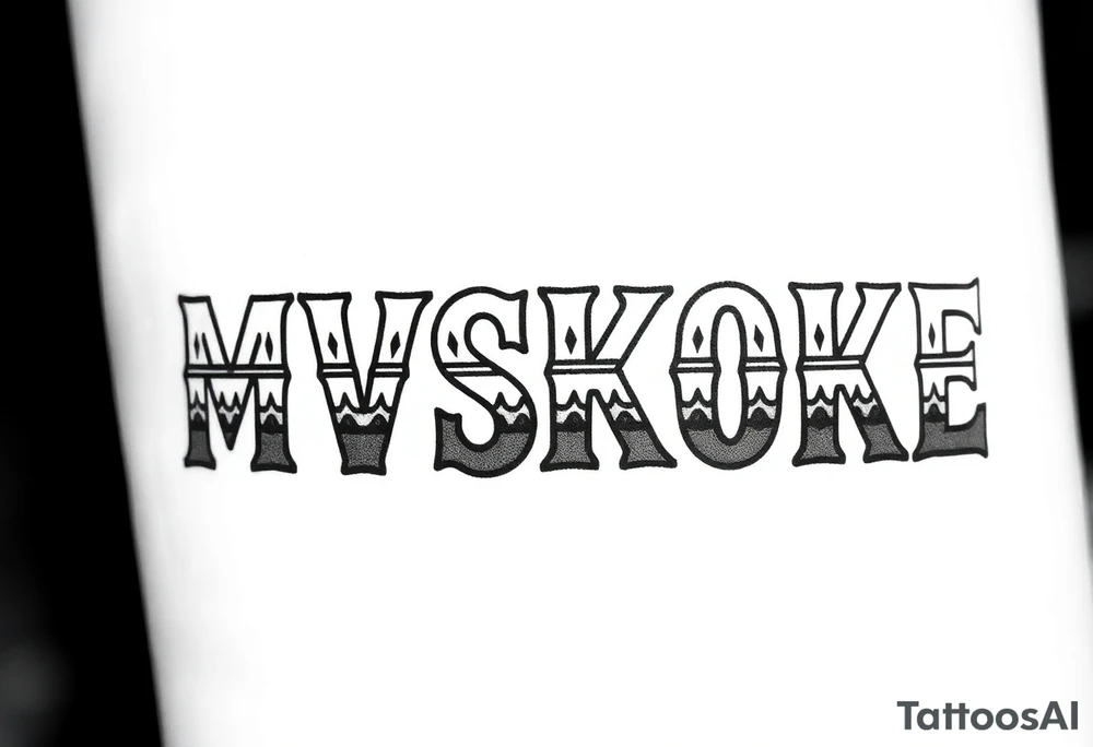 The word “MVSKOKE” shaded with Native American pattern tattoo idea