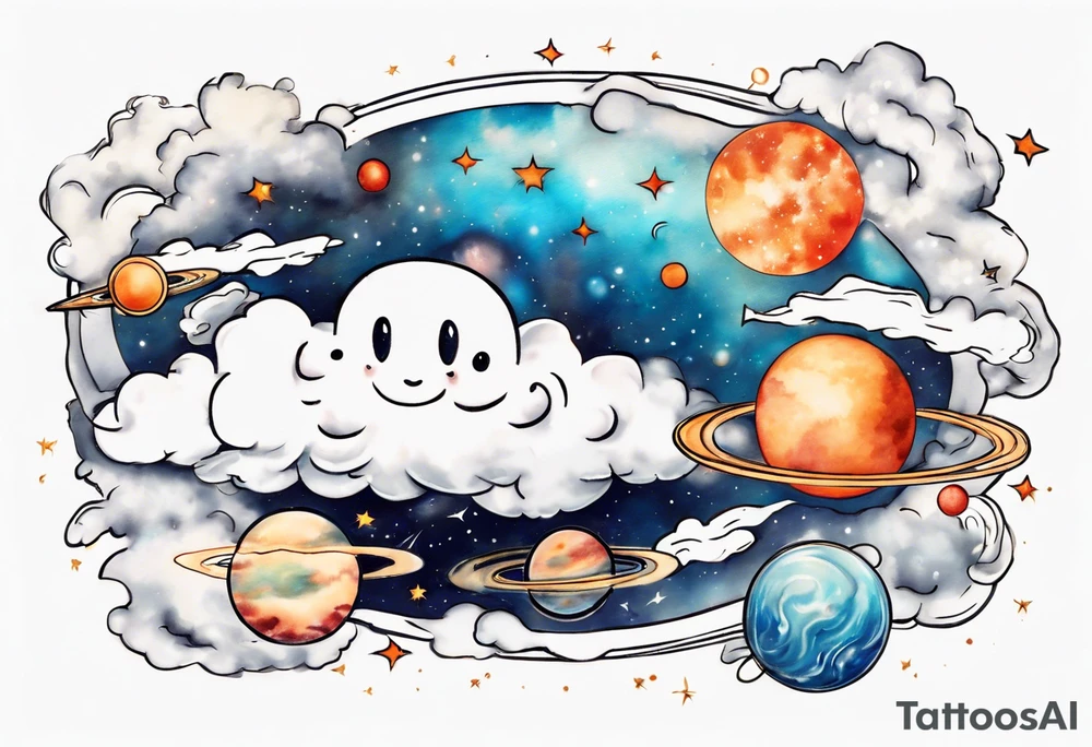a cloud with planets and the date 12.08.05 tattoo idea