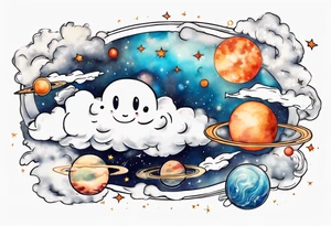 a cloud with planets and the date 12.08.05 tattoo idea