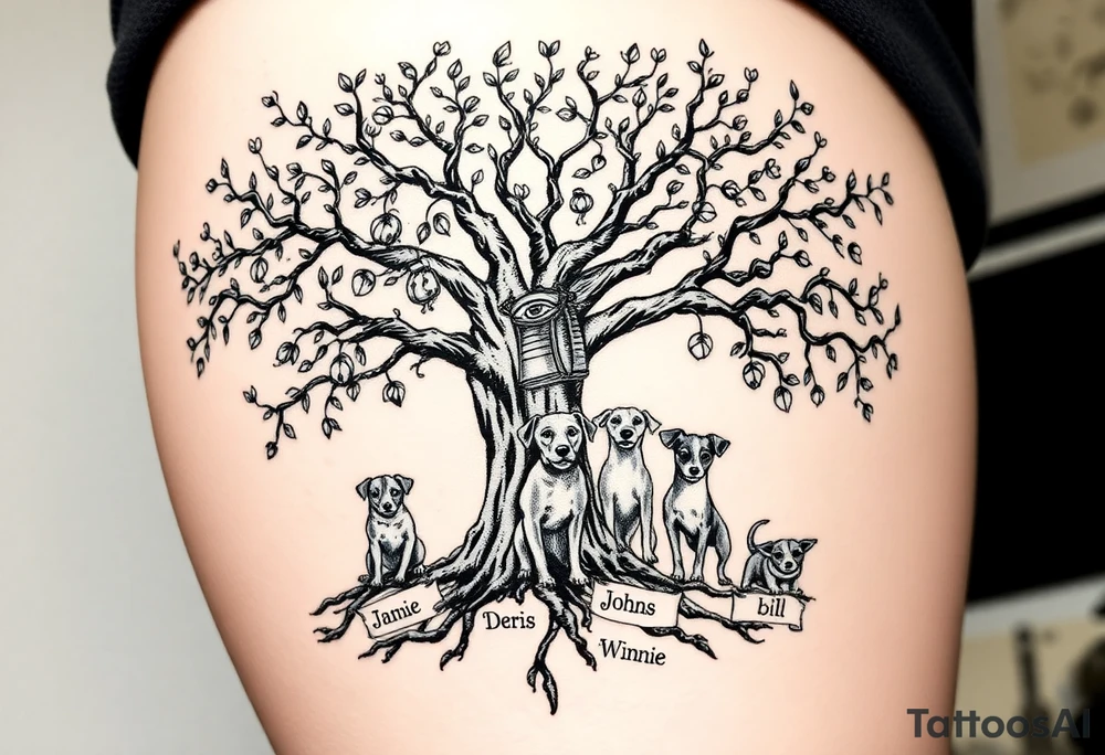 Hippy beech tree full of life. 
Jamie, Derek, Iris, John, bill, Winnie names in the roots, Mavis, Garhi, Mickey, Pam, Lucy, in the branches at the top. Names can be in Hebrew. 
Three dogs a Rhodesian Ridgeback, King Charles cavalier and chihuahua. 
Prett, feminine ornate. Boxing gloves hanging from tree maybe with an all seeing eye overseeing it all. Must be feminine and pretty tattoo idea