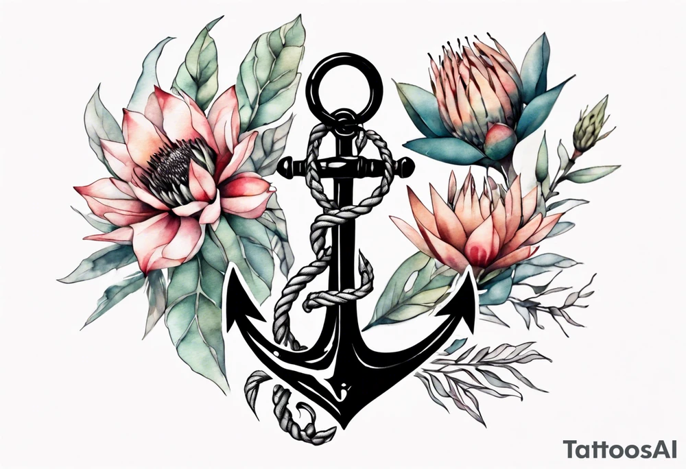 Very feminine tattoo of an anchor with protea flowers tattoo idea