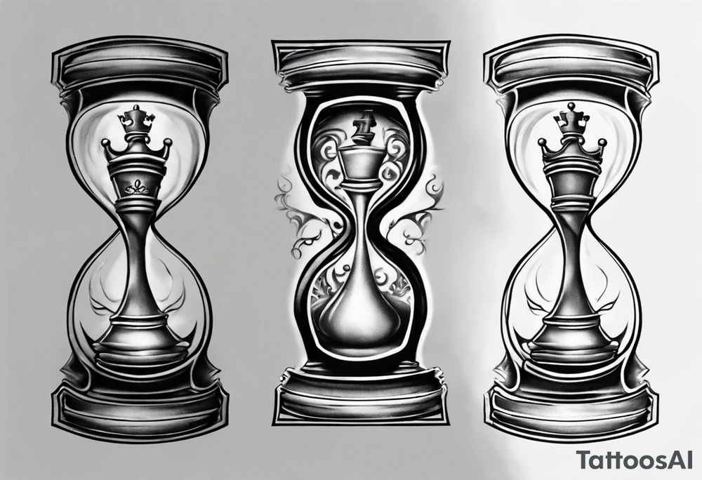 hourglass in the shape of a chess peace with filagree in the background tattoo idea