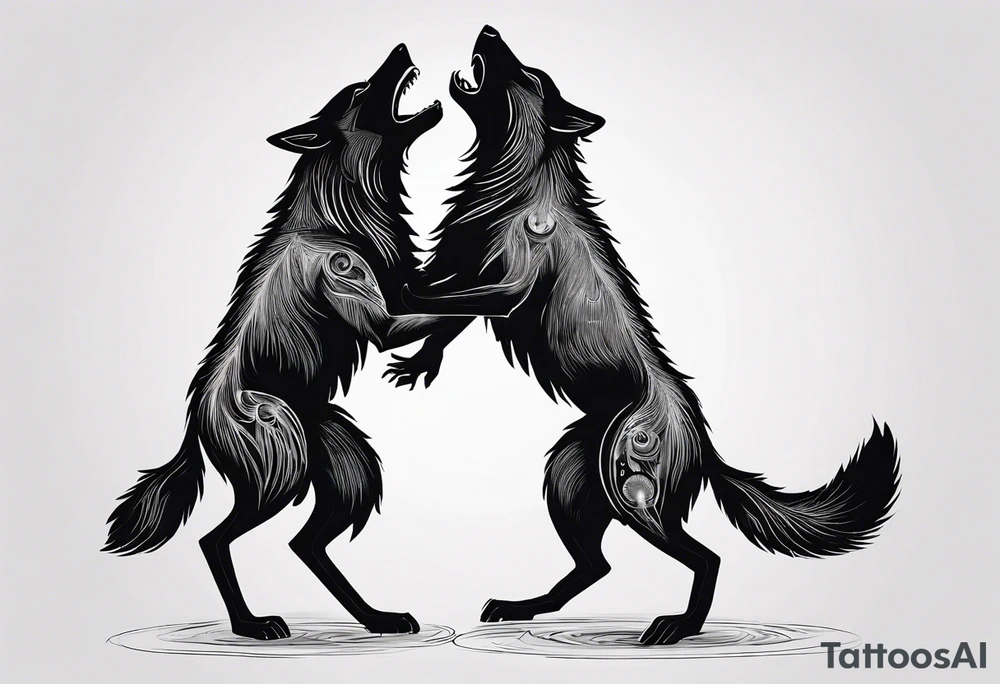 two black wolves dancing on their hind legs. they should be facing each other and obviously dancing. they should be very basic with not many details within their shapes. tattoo idea