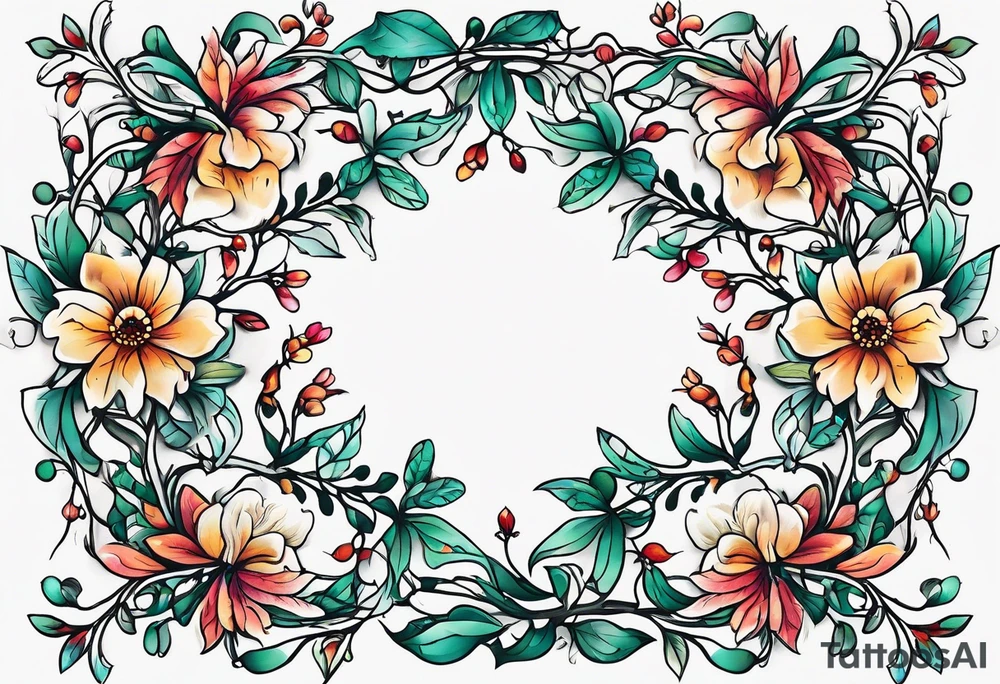 Winding branches and leaves and tiny flowers with a small moth tattoo idea