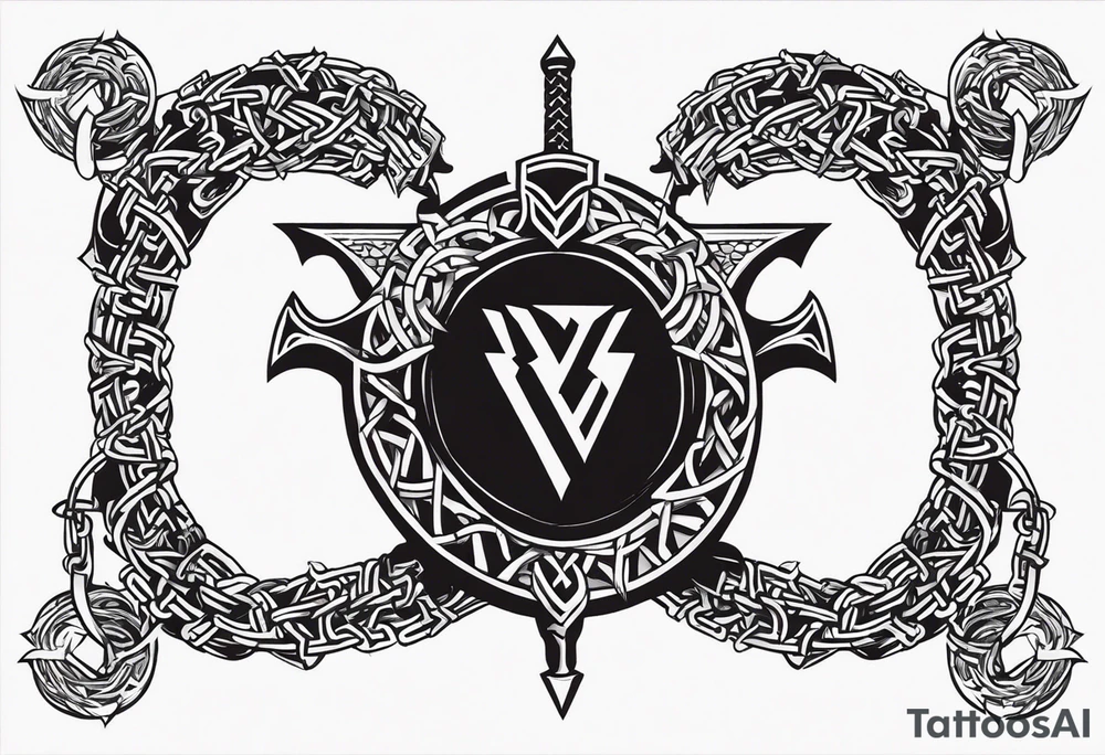 Valhalla sword shield dragon axe Valknut barbed wire chains tribal tattoo idea Valhalla sword shield dragon axe Valknut barbed wire chains tribal tattoo idea