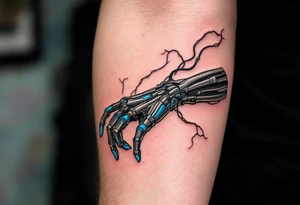 A mechanical forearm revealing graphite-colored artificial tendons under realistic shaded skin, accented with electric-blue joints. tattoo idea