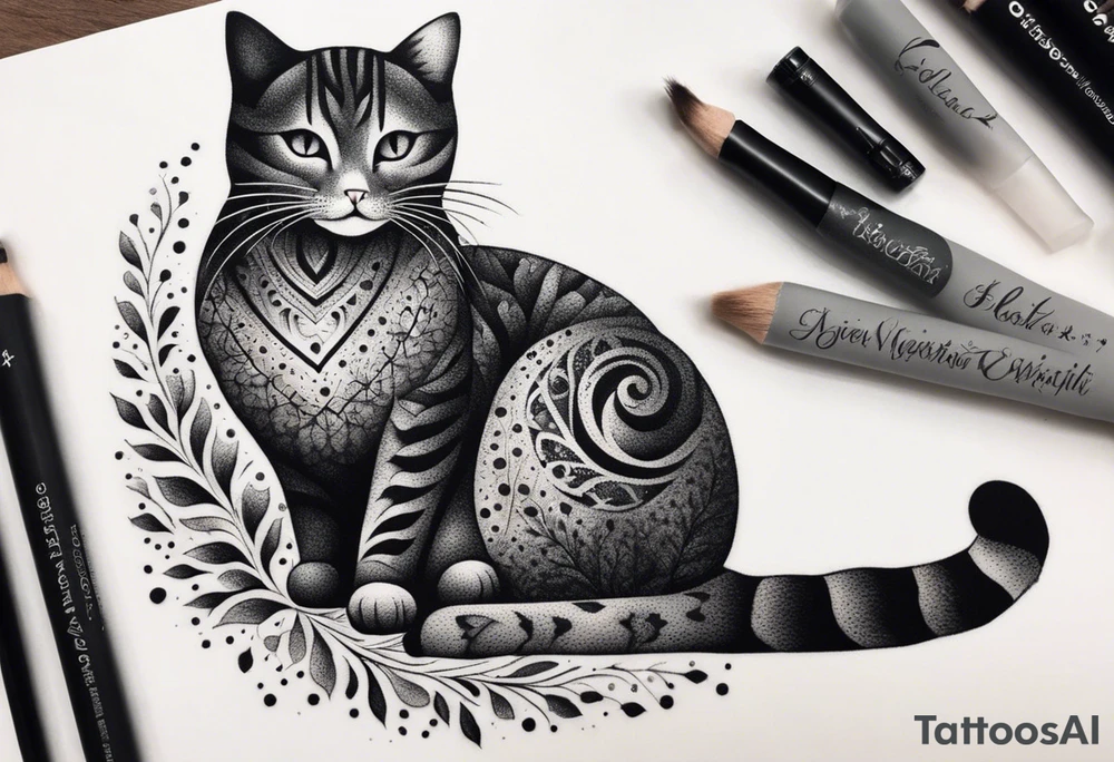 Illustrate a small tattoo of a tabby cat curled up, surrounded by gentle swirls or floral elements to enhance its cozy vibe tattoo idea