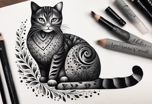 Illustrate a small tattoo of a tabby cat curled up, surrounded by gentle swirls or floral elements to enhance its cozy vibe tattoo idea