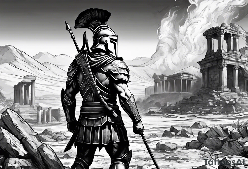 Spartan soldier looking at burning ruins tattoo idea Spartan soldier looking at burning ruins tattoo idea