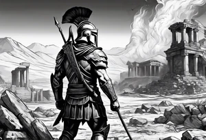 Spartan soldier looking at burning ruins tattoo idea