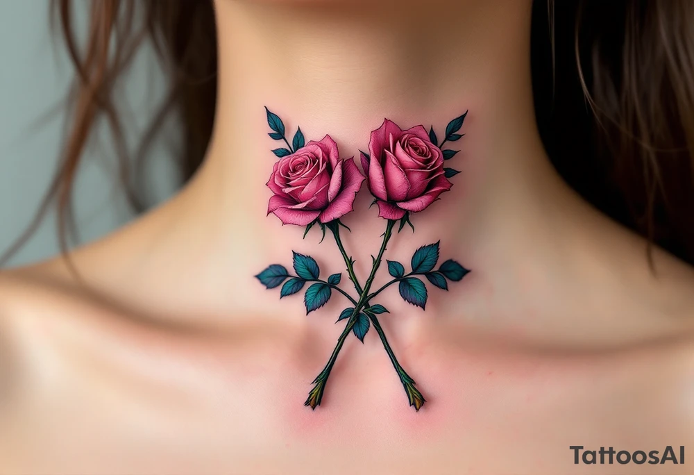 Two crossed rose stems with pink blossoms, placed symmetrically, representing unity or connection. tattoo idea