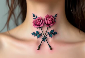 Two crossed rose stems with pink blossoms, placed symmetrically, representing unity or connection. tattoo idea