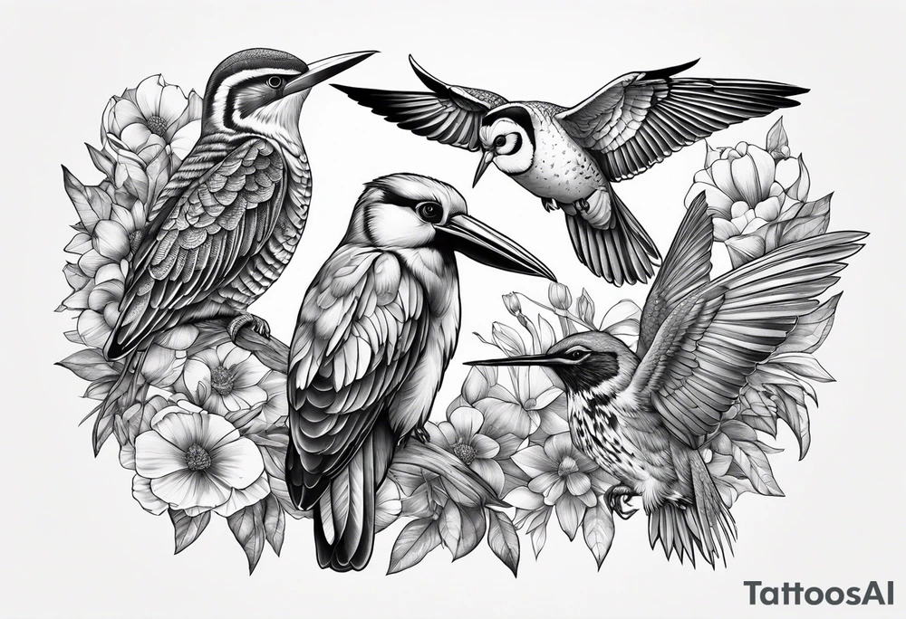 Flock of birds including owl, hummingbird, pelican tattoo idea