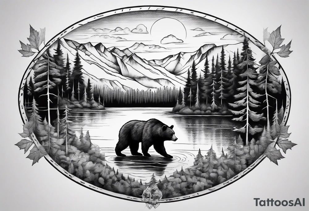 black bear over a forest with a lake below, full sleeve tattoo idea