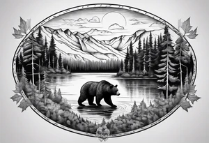 black bear over a forest with a lake below, full sleeve tattoo idea