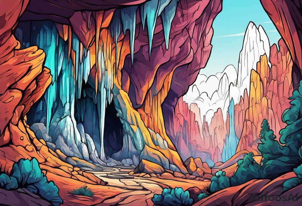 Colorful cave with stalactites and stalagmites tattoo idea