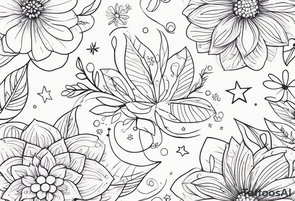 fine line floral with stars, swirls, dots tattoo idea